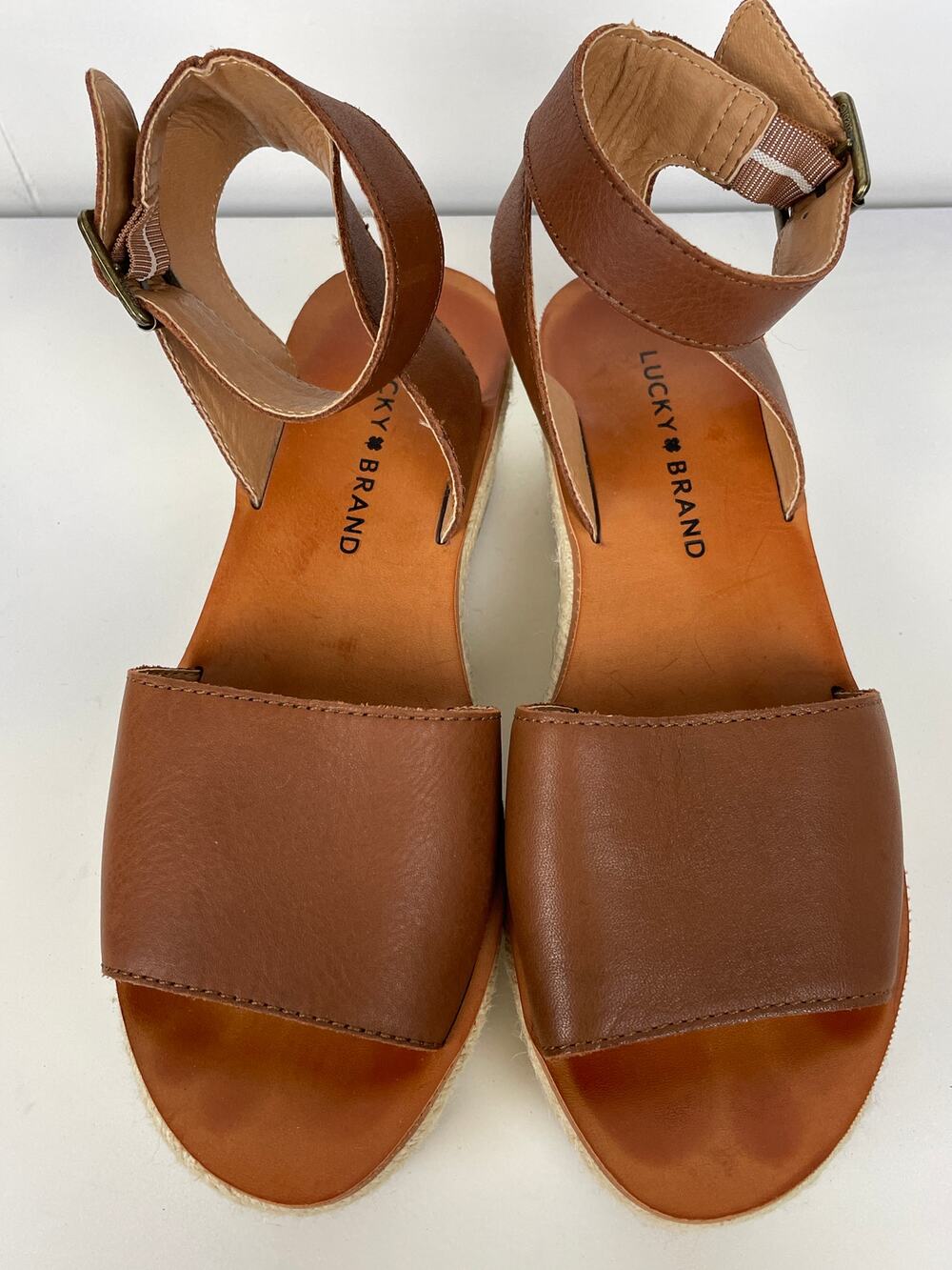 Lucky Brand Joodith Leather Platform Espadrille Wedge Sandals Brown Women's 7